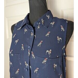 Banana Republic Blouse Size S Navy Dalmatian Print Sleeveless Sheer Botton Up